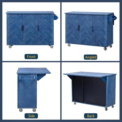 Navy Blue#015 51.2" W 3D Wave Stripes Ash Veneer Kitchen Island with Drop Leaf, Farmhouse Style on Wheels, Rolling Cart with Internal Storage Rack