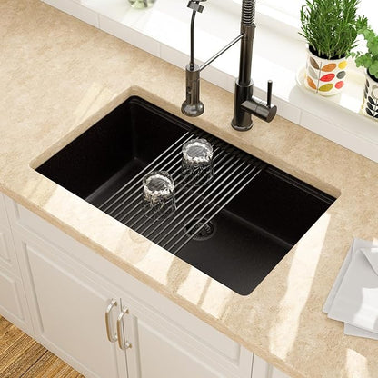Lordear 30 Inch Black Granite Composite Kitchen Sink Workstation 30x19 Matte Black Undermount Quartz Sinks Under Counter Single Bowl Sink with Black Accessories