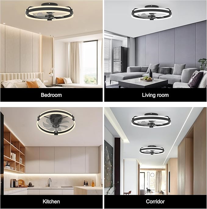 Garwarm 20 Inch Ceiling Fans with Lights and Remote, Modern Low Profile Ceiling Fan,3000K-6000K Dimmable LED Small Fan Light Fandelier for Bedroom,Black