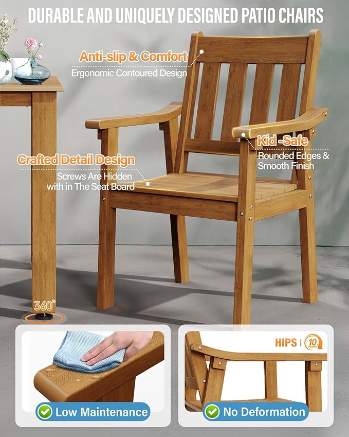 YEFU Patio Dining Chairs Set of 4: All Weather Outdoor Dining Chairs with Wide Curved Seat and Backrest - Outdoor Furniture Plastic for Outside Backyard/Garden/Porch/Deck 350lbs Capacity Teak