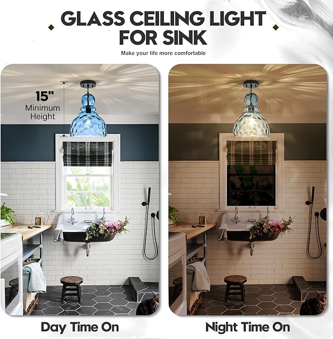 Coastal Pendant Light Blue Hammered Glass Kitchen Island Lights 12in Large Pendant Hanging Light for Dining Room Kitchen Sink Hallway Entrance, E26
