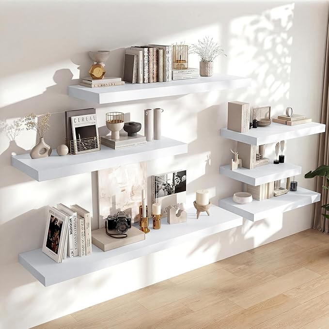 Heimlove 12 Inch Deep Floating Shelves, 55 x 12 inches Long Wall Shelf, Large Extra Display Shelf & Storage Shelf, Rustic Wood Wall Shelves for Fireplace Mantel, Set of 1(White)