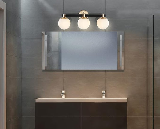 JONATHAN Y 24" Brass Gold/Black Modern Globe LED Vanity Wall Sconce Light, White Frosted Glass Shade, Mid-Century Art Deco Wall Lamp for Bathroom, Kitchen, Hallway (JYL3542A)