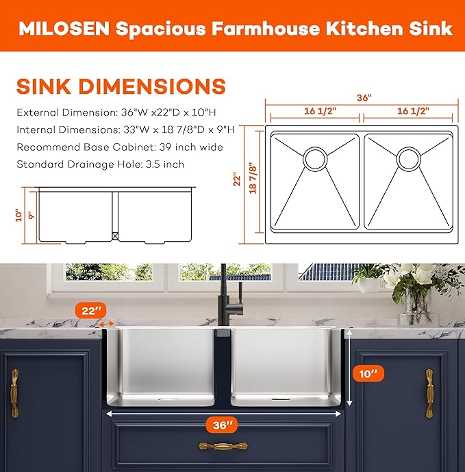 MILOSEN Farmhouse Kitchen Sink, 36''x22'' Drop-in/Undermount Double Bowl Workstation Apron Front Sink with Accessories, 50/50 Topmount Stainless Steel Farm Sinks, 10'' Large and Deep Handmade Sinks