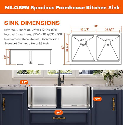 MILOSEN Farmhouse Kitchen Sink, 36''x22'' Drop-in/Undermount Double Bowl Workstation Apron Front Sink with Accessories, 50/50 Topmount Stainless Steel Farm Sinks, 10'' Large and Deep Handmade Sinks