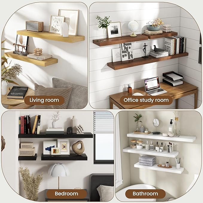 40 Inch Floating Shelves for Wall, 8 Inch Deep Floating Shelf for Storage & Display, Rustic Wall Mounted Shelf with Invisible Brackets for Living Room, Kitchen, Bathroom, Home Decor, Set of 2, Oak