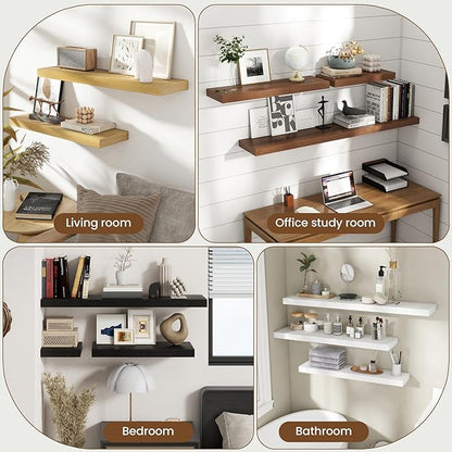 40 Inch Floating Shelves for Wall, 8 Inch Deep Floating Shelf for Storage & Display, Rustic Wall Mounted Shelf with Invisible Brackets for Living Room, Kitchen, Bathroom, Home Decor, Set of 2, Oak