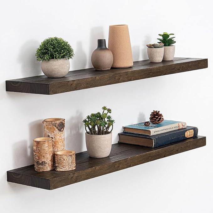 Acovy Extra Deep 32" Long Rustic Solid Wood Floating Shelves for Wall, Wall Shelves with Invisible Bracket for Living Room Bathroom Bedroom Kitchen, Set of 2, Walnut