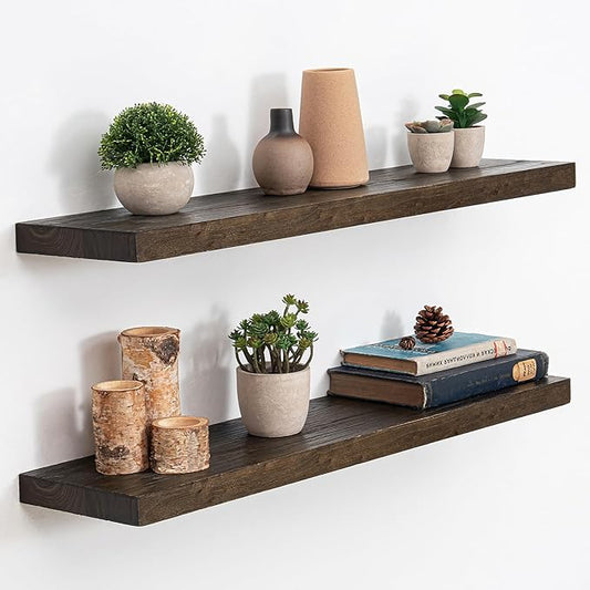 Acovy Extra Deep 32" Long Rustic Solid Wood Floating Shelves for Wall, Wall Shelves with Invisible Bracket for Living Room Bathroom Bedroom Kitchen, Set of 2, Walnut