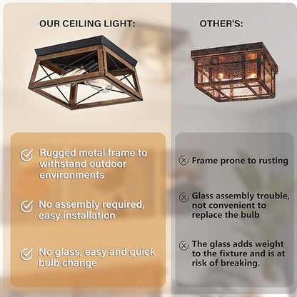 Pia Ricco Farmhouse Flush Mount Ceiling Light Fixture, Outdoor Porch Ceiling Lights, Rustic Industrial Style Square Close to Ceiling Light for Entry, Hallway, Kitchen, Patio, 2-Light, Brown