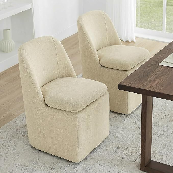 KISLOT Upholstered Dining Chairs Set of 4 with Casters, Modern Side Armless Deskchair with Washable Slipcover & Sturdy Metal Frame for Diningroom Bedroom Livingroom Reading Room, Sand Fabric