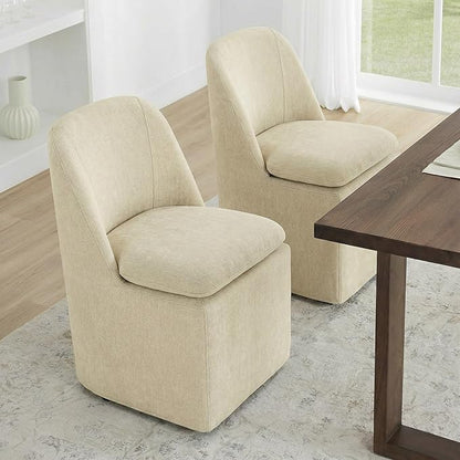 KISLOT Upholstered Dining Chairs Set of 4 with Casters, Modern Side Armless Deskchair with Washable Slipcover & Sturdy Metal Frame for Diningroom Bedroom Livingroom Reading Room, Sand Fabric
