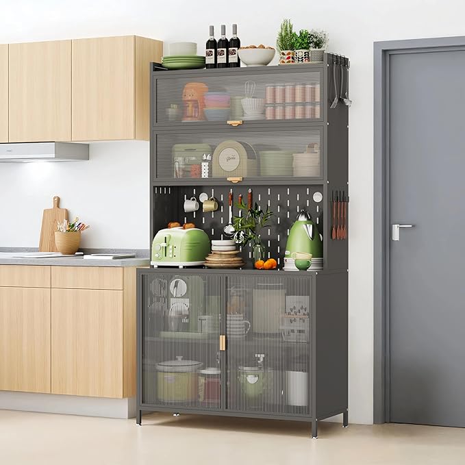 73‘’ Tall Kitchen Metal Pantry Cabinet, Pantry Storage Cabinet with Microwave Shelf and Door, Hutch for Kitchen, Dining Room, Living Room