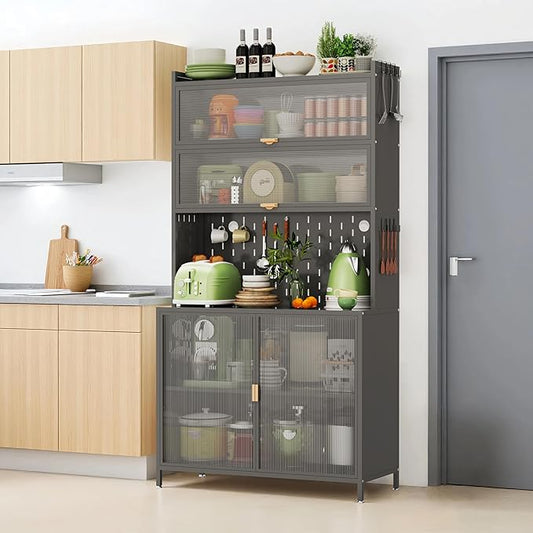 73‘’ Tall Kitchen Metal Pantry Cabinet, Pantry Storage Cabinet with Microwave Shelf and Door, Hutch for Kitchen, Dining Room, Living Room
