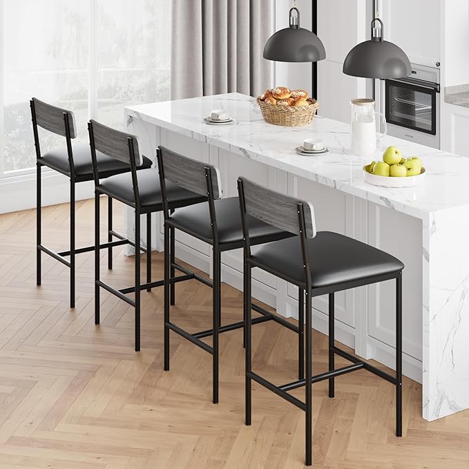 TrailBlaze Bar Stools Set of 4, 25.5'' Counter Height PU Upholstered Barstools with Backrest & Footrest, Modern Metal Legs - Kitchen Island, Dining Room, Apartment - Easy Assembly - Rustic Grey