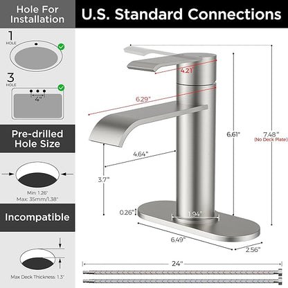 FORIOUS Brushed Nickel Bathroom Faucet Single Hole Waterfall with Single Lever Waterfall Bathroom Faucet 1 Hole for RV, Lavatory Sink Tap with Adapter Deck Plate, Pop Up Drain and 24" Hose