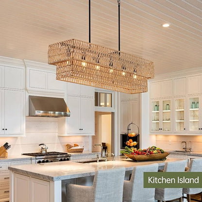 6-Light Boho Rattan Chandeliers for Dining Room, 2 Layer Large Linear Chandelier Rattan Pendant Light Fixture Farmhouse 34” Rectangle Chandelier for Kitchen Island Bar Living Room