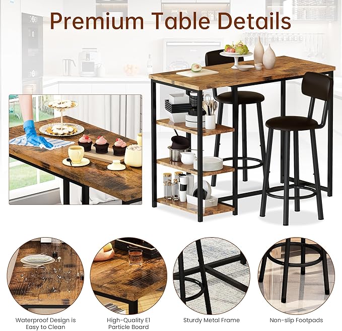 DKLGG Dining Table Set for 2, Counter Height Bar Table Set with Storage ＆ Stools, High Top Pub Table and Chairs for Kitchen, Dining Room, Sofa Side, Apartment, Breakfast Nook, Brown