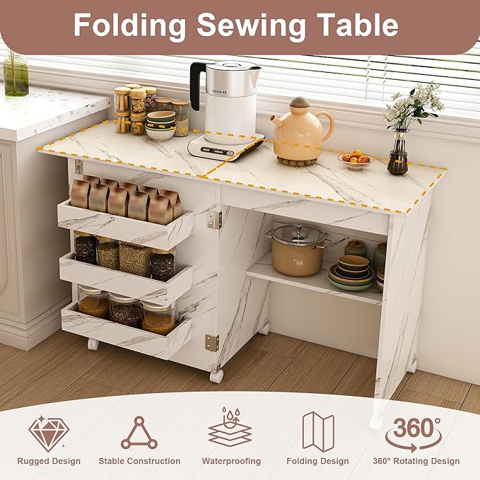 4-in-1 Folding Sewing Table with Lockable Wheels – Craft Station, Computer Desk, End Table & Kitchen Storage with Shelves, White Rolling Sewing Machine Table for Small Spaces
