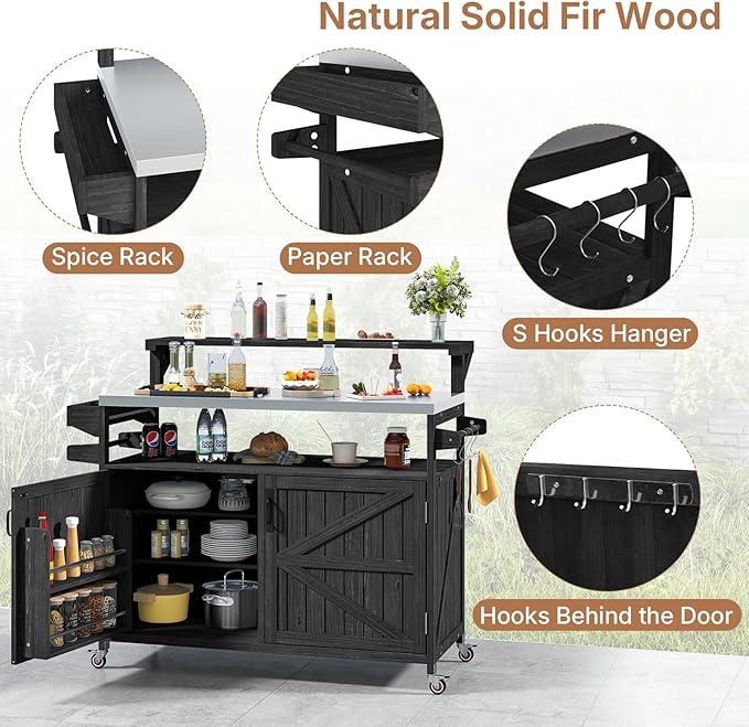 Zevemomo Outdoor Grill Cart with Raised Shelf, Stainless Steel Tabletop Outdoor Kitchen Island, Outdoor Buffet Cabinet with Lockable Wheels, Internal Storage Rack, Spice Rack for Grilling, Black