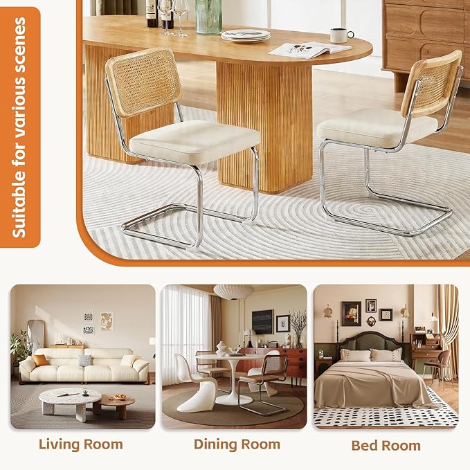 Rattan Back Velvet Dining Chair Set of 6 Modern Stainless Chrome Base Armless Upholstered Side Chair for Dining Room,Kitchen Island,Beige