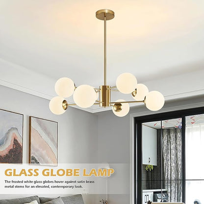 Bagood 8-Light Globe Sputnik Chandelier Gold Mid Century Modern Light Fixture Brushed Brass Finished with White Frosted Globe Glass Lampshade Sputnik Chandeliers for Dining Room Kitchen Island Bedroom