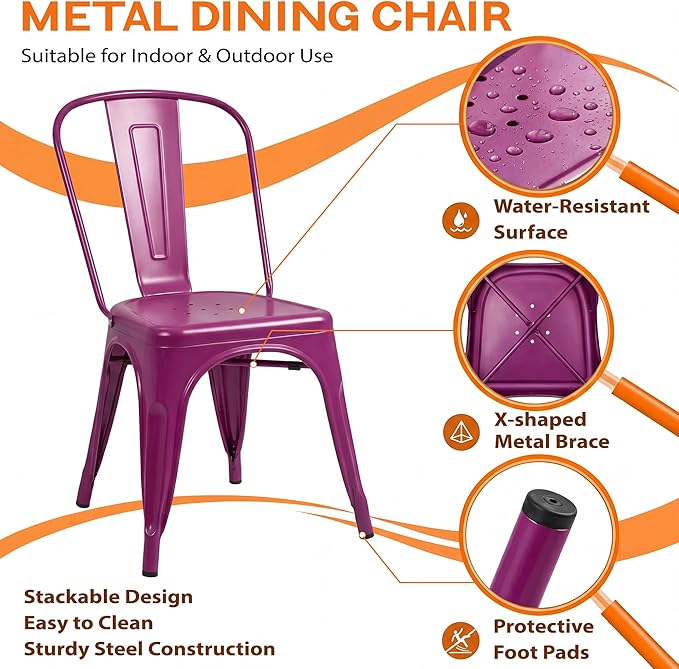 Shahoo Metal Dining Chairs Classic Iron Stackable Industrial Vintage Trattoria with Back, Indoor-Outdoor Side Settee for Home Bistro Cafe Kitchen Restaurant Set of 4, Purple