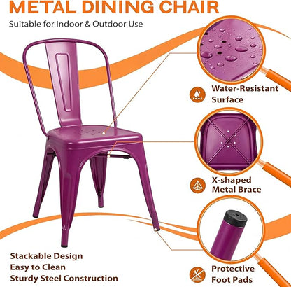 Shahoo Metal Dining Chairs Classic Iron Stackable Industrial Vintage Trattoria with Back, Indoor-Outdoor Side Settee for Home Bistro Cafe Kitchen Restaurant Set of 4, Purple