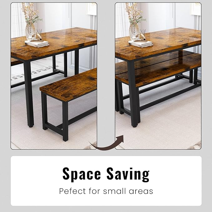 Recaceik 47" Dining Room Table Set with 2 Benches, Kitchen Dining Table Set for 4-6, Space Saving Kitchen Table and Chair Set for Dining Room, Small Space, Breakfast Nook(Brown)