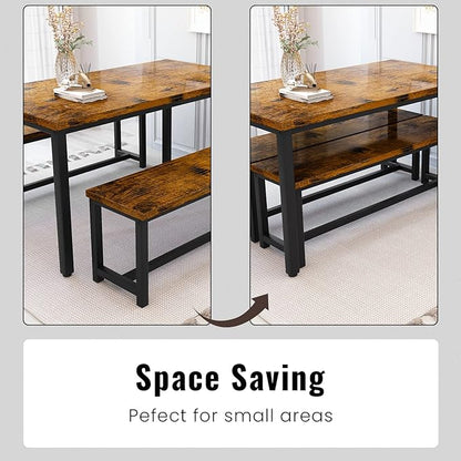 Recaceik 47" Dining Room Table Set with 2 Benches, Kitchen Dining Table Set for 4-6, Space Saving Kitchen Table and Chair Set for Dining Room, Small Space, Breakfast Nook(Brown)