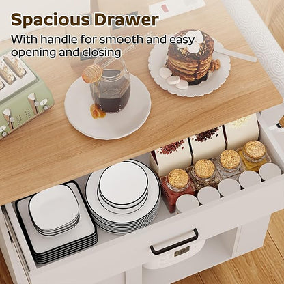YATINEY Kitchen Island with Storage, Mobile Kitchen Cart with Charging Station, Kitchen Island on Wheels, Rolling Island Table with Sliding Cabinet Door, White and Natural ZD01UWN