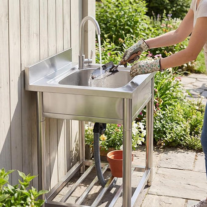 Free Standing Stainless-Steel Single Bowl Commercial Restaurant Kitchen Sink Set w/Faucet, Prep & Utility Washing Hand Basin w/Storage Shelve, laundry tub for Indoor Outdoor (22in)