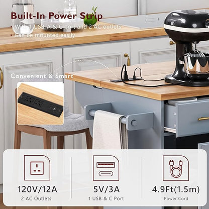 Merax 59.3" Grey Blue Kitchen Island with Storage, 2 Pull Out Cabinet Organizers & Rubber Wood Drop Leaf, Rolling Island Table with Trash Can Storage, Power Outlet, Spice Rack for Kitchen Dining