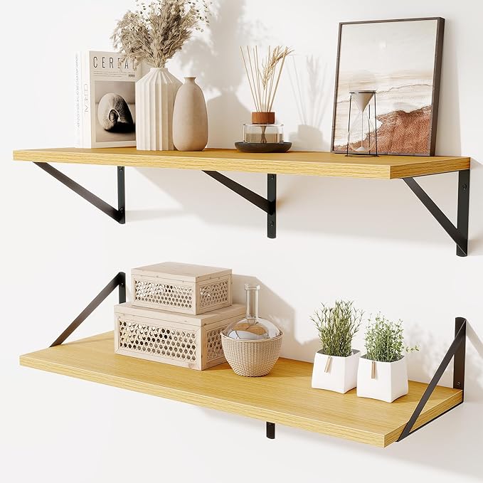 Acovy Floating Shelf for Wall,32" WX10 D Wood Floating Shelves with Sturdy Metal Bracket Set of 2,Wall Mounted Hanging Shelf for Bathroom,Bedroom,Kitchen,Oak