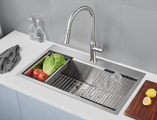 MENATT 32 Inch Drop In Kitchen Workstation Sink, 18 Gauge Stainless Steel Single Bowl Single Faucet Hole Topmount Kitchen Sink with Integrated Ledge (Bruhsed),32"x18"x9"
