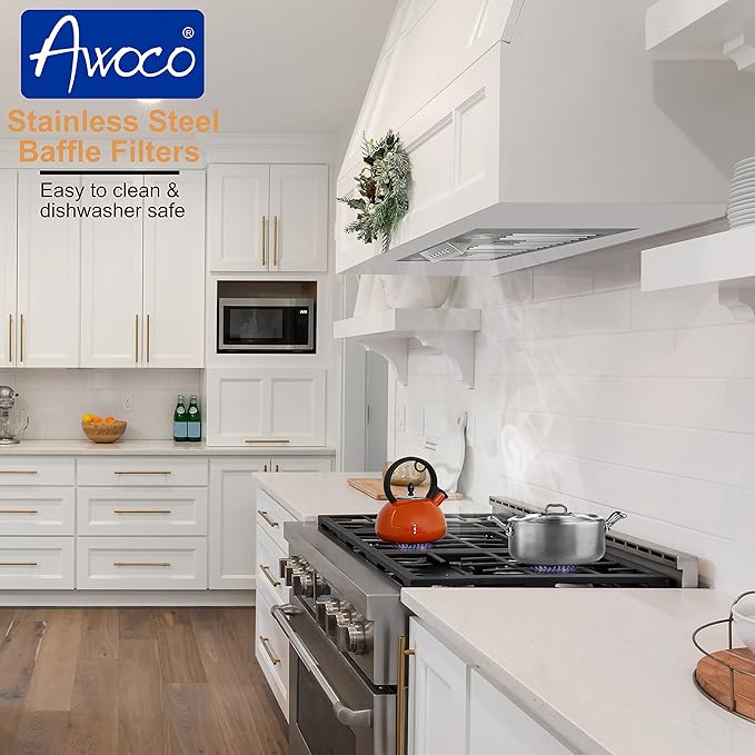 Awoco 11-3/4"D Built-in/Insert Stainless Steel Range Hood, 4-Speed, 600 CFM, LED Lights, Baffle Filters for Wood Hood (28"W 12"D Baffle Filters)