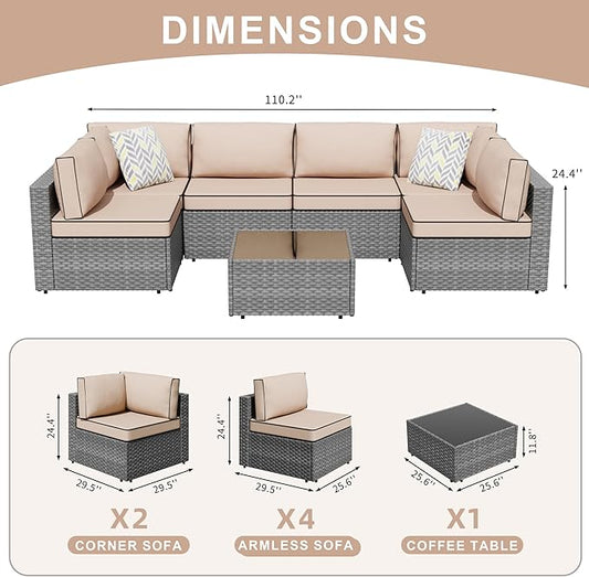 JAMFLY 7-Piece Outdoor Patio Furniture Set, Modular PE Rattan Sectional Sofa with Thick Cushions & Glass Coffee Table, Weather-Resistant Wicker Conversation Set for Poolside, Balcony, Garden, Khaki