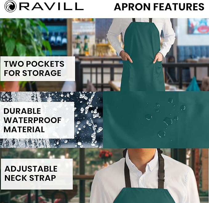 Ravill Waterproof Apron For Men and Women - 2 Pockets - 35" Long Multi Purpose Work Aprons for Dishwashing, Dog Grooming