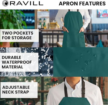 Ravill Waterproof Apron For Men and Women - 2 Pockets - 35" Long Multi Purpose Work Aprons for Dishwashing, Dog Grooming