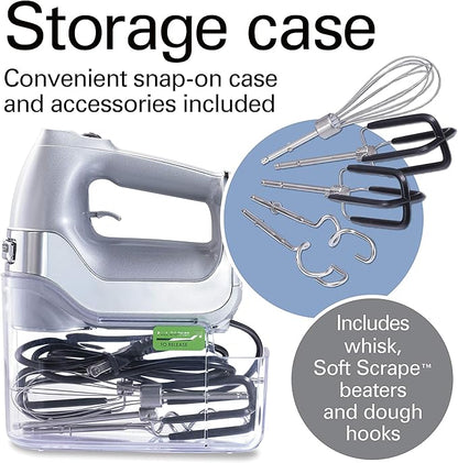 Hamilton Beach Professional 7-Speed Digital Electric Hand Mixer with High-Performance DC Motor, Slow Start, Snap-On Storage Case, SoftScrape Beaters, Whisk, Dough Hooks, Silver and Chrome (62657)