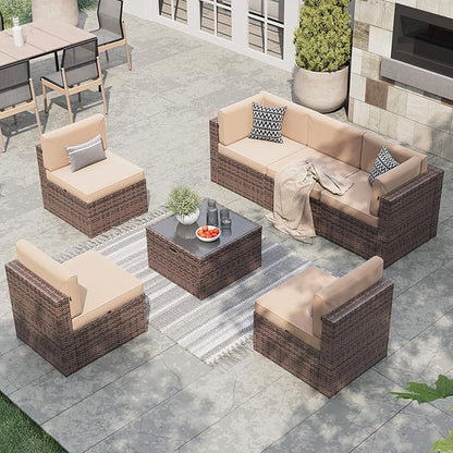 Aoxun 7 Piece Patio Furniture Set, All-Weather Wicker Outdoor Furniture 6 Seats Patio Conversation Sets with Storage Coffee Table, Outdoor Sectional Sofas for Backyard Garden(Brown/Khaki)