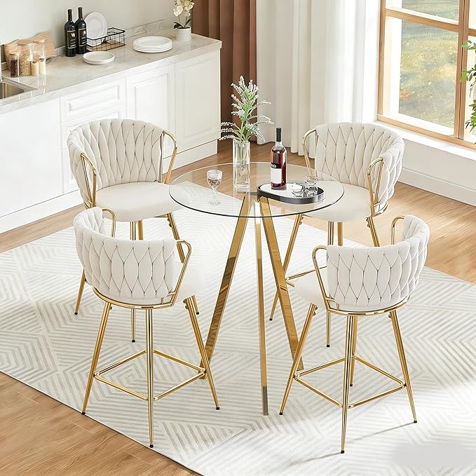 31'' Small Round Glass Cocktail Pub Table and Chairs Set of 4, Luxury Gold Bar Table & 4 Upholstered Island Chairs Counter Height Stools, Beige Barstools