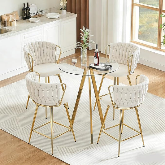 31'' Small Round Glass Cocktail Pub Table and Chairs Set of 4, Luxury Gold Bar Table & 4 Upholstered Island Chairs Counter Height Stools, Beige Barstools