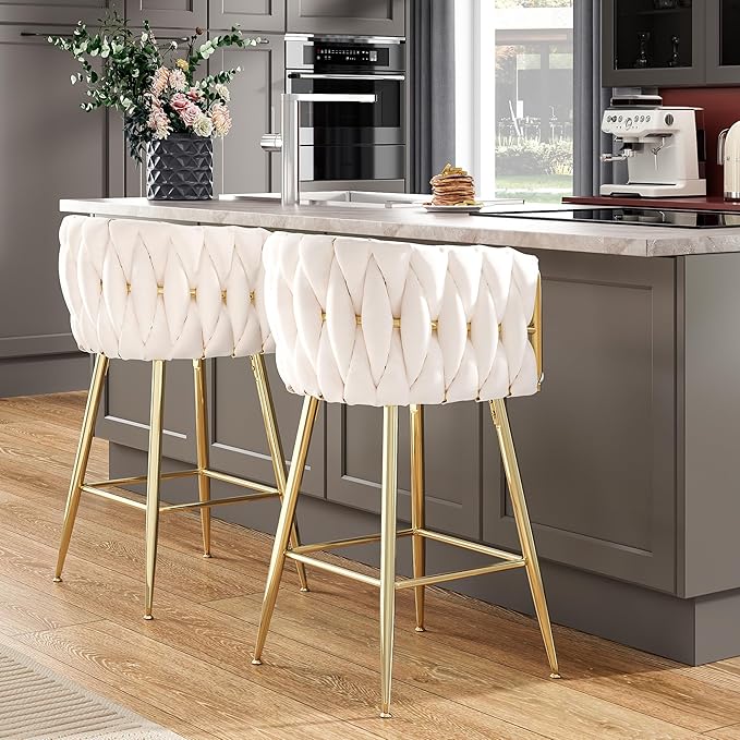 Counter Height Bar Stools Set of 2, 26 Inch Kitchen Island Stools with Backs Metal Legs