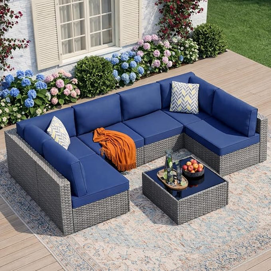 7-Piece Outdoor Patio Furniture Set, Modular PE Rattan Sectional Sofa with Thick Cushions & Glass Coffee Table, Weather-Resistant Wicker Conversation Set for Poolside, Balcony, Garden, Aegean Blue