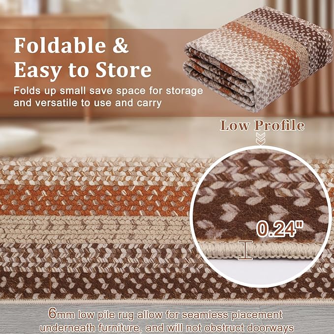 Imitation Braided Collection-Print Washable Runner Rug 2x8 Non Slip Bathroom Rug Bordered Soft Farmhouse Throw Rugs Kitchen Runner Stain Resistant Carpet for Hallway Entryway Rugs