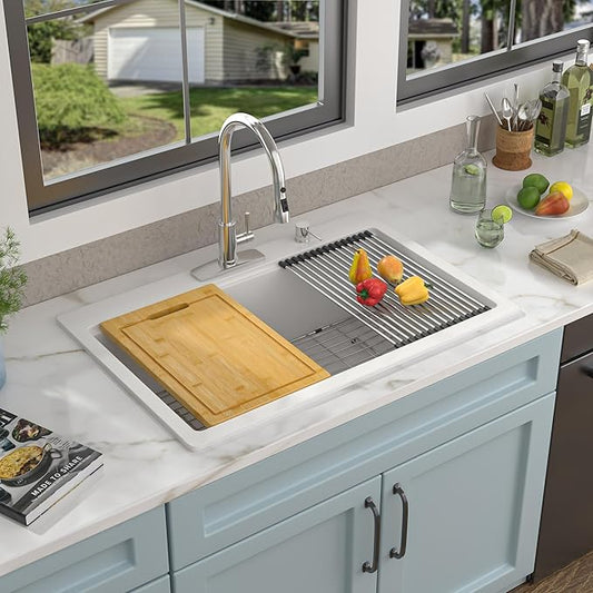 33"x22" Granite Composite Kitchen Sink Drop In – White Quartz Classic Ledge Workstation Topmount Single Bowl Sink Basin