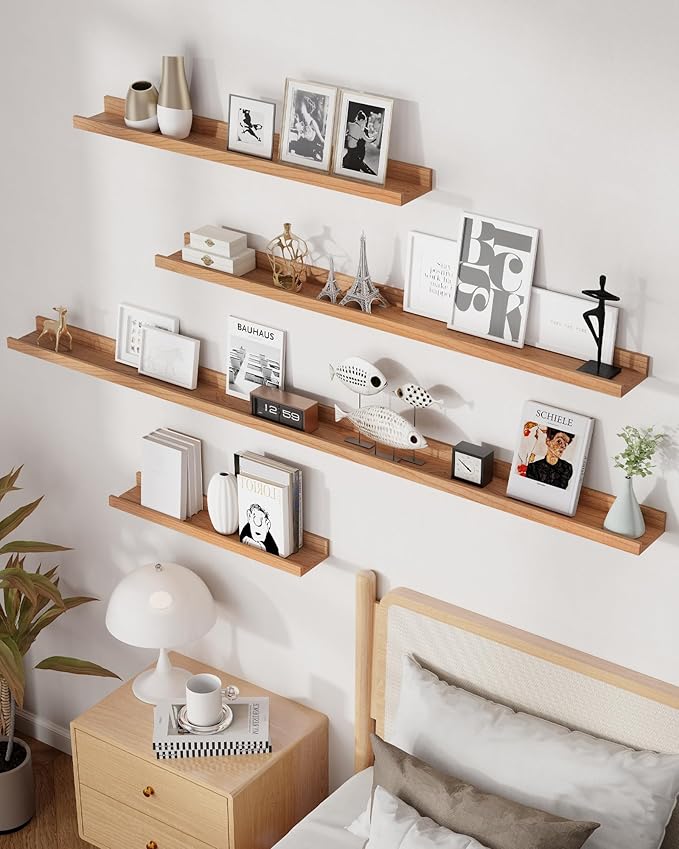 Axeman Cherry Picture Ledge Shelf, 24 Inch Floating Shelves Set of 2, Solid Wood Wall Shelves with Lip, Wall Decor Storage for Bedroom Living Room Bathroom Kitchen Nursery Photo, Natural Cherry