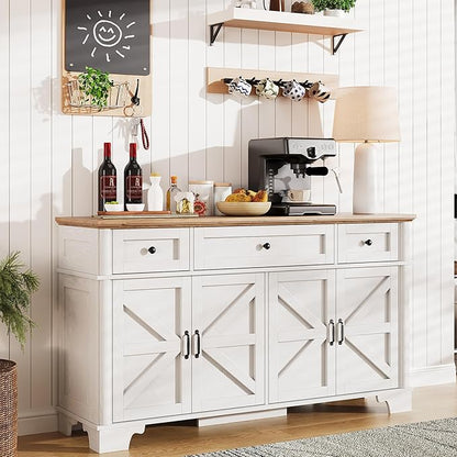 BestHaped Farmhouse Buffet Cabinet with Storage, 55 Inch White Sideboard Buffet Cabinet with Adjustable Shelves & 3 Drawers, Buffet Table Coffee Bar Wine Bar Storage for Kitchen & Living Room