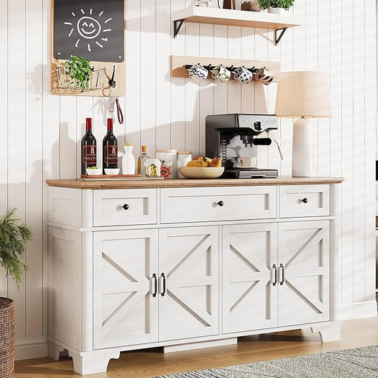 BestHaped Farmhouse Buffet Cabinet with Storage, 55 Inch White Sideboard Buffet Cabinet with Adjustable Shelves & 3 Drawers, Buffet Table Coffee Bar Wine Bar Storage for Kitchen & Living Room